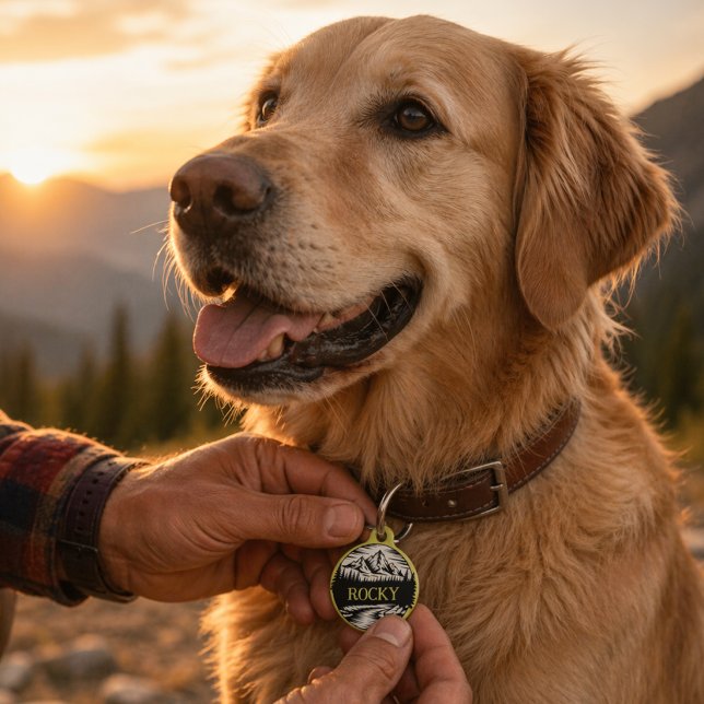 Outdoor Adventure Mountain Personalized Pet ID Tag (Rugged mountain adventure dog tag with nature vibes, perfect for explorers and trail loving pups too)