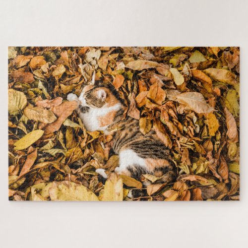 Outdoor Autumn Leaves Fall Tabby Calico Cat Photo Jigsaw Puzzle
