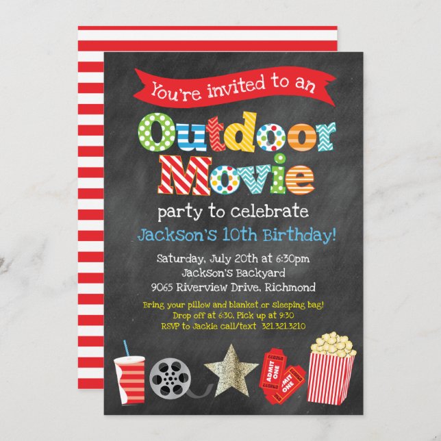 Outdoor Backyard Movie Birthday Party - Chalkboard Invitation (Front/Back)