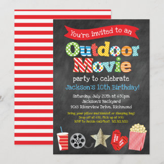Outdoor Backyard Movie Birthday Party - Chalkboard Invitation