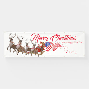 Outdoor Banner Santa Reindeer US Flag Christmas