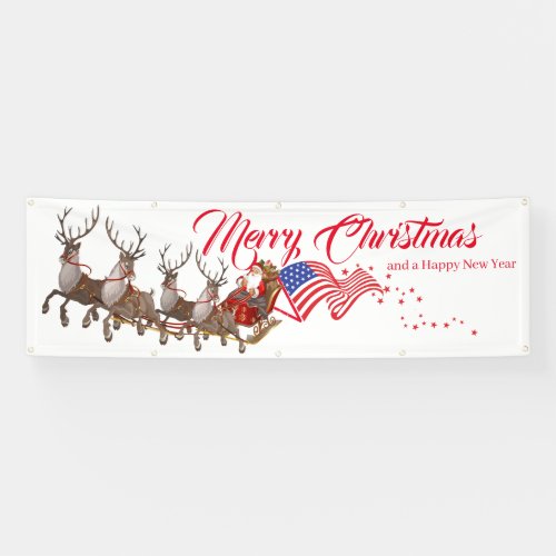 Outdoor Banner Santa Reindeer US Flag Christmas