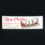 Outdoor Banner Santa Reindeers Merry Christmas<br><div class="desc">This holiday banner is shown in the outdoor style. Select from indoor or outdoor, with or without grommets. Shown in white with red text "Merry Christmas" and "Happy New Year" in a fancy script and coordinating text with Santa and his reindeers. A wind of stars images rails the sleigh.. Customize...</div>