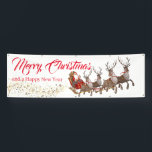 Outdoor Banner Santa Reindeers Merry Christmas<br><div class="desc">This holiday banner is shown in the outdoor style. Select from indoor or outdoor, with or without grommets. Shown in white with red text "Merry Christmas" and "Happy New Year" in a fancy script and coordinating text with Santa and his reindeers. A wind of stars images rails the sleigh.. Customize...</div>