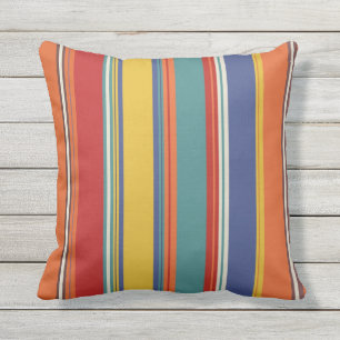 Outdoor Bright Blue Red Orange Teal Stripe Design Outdoor Pillow