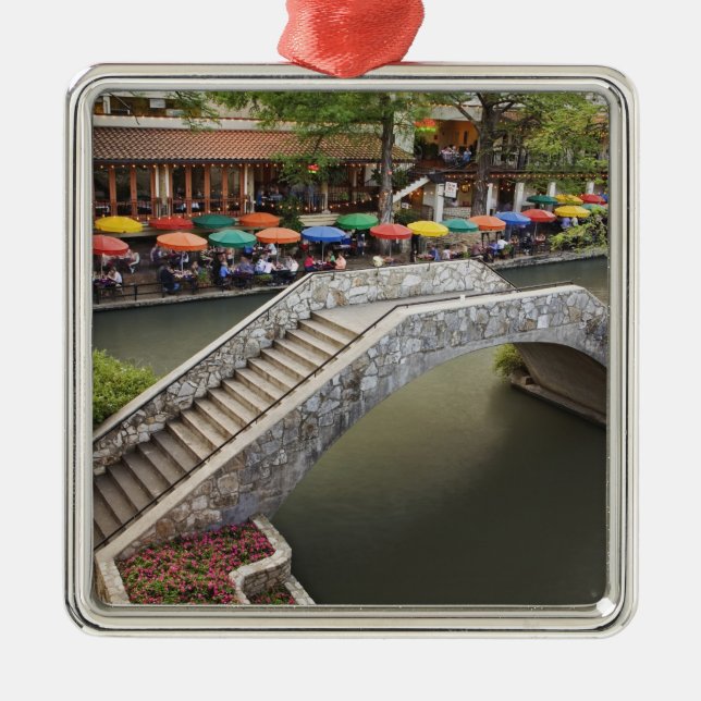 Outdoor cafe along River Walk and bridge over 2 Metal Ornament (Front)