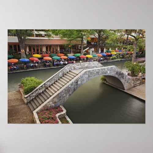 Outdoor cafe along River Walk and bridge over 2 Poster