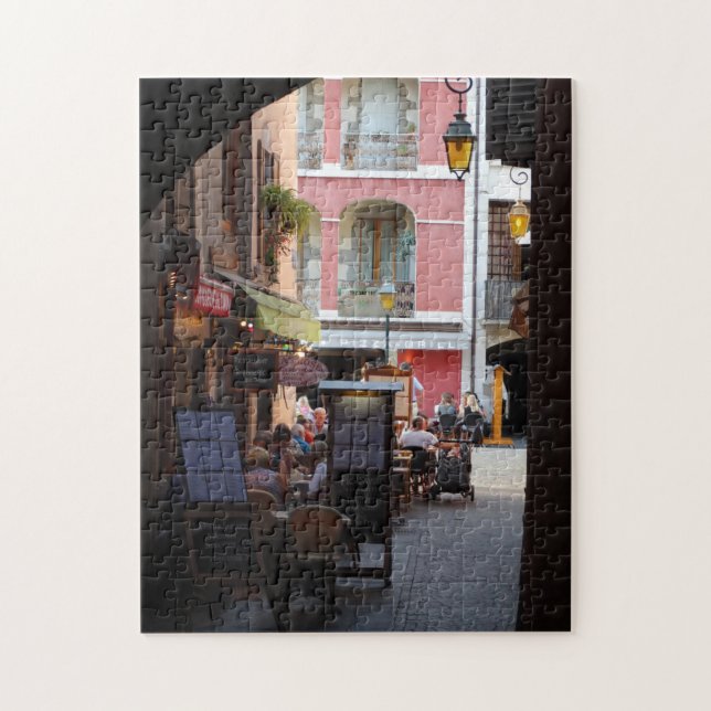 Outdoor Cafés, Restaurants in Quaint French Town Jigsaw Puzzle (Vertical)