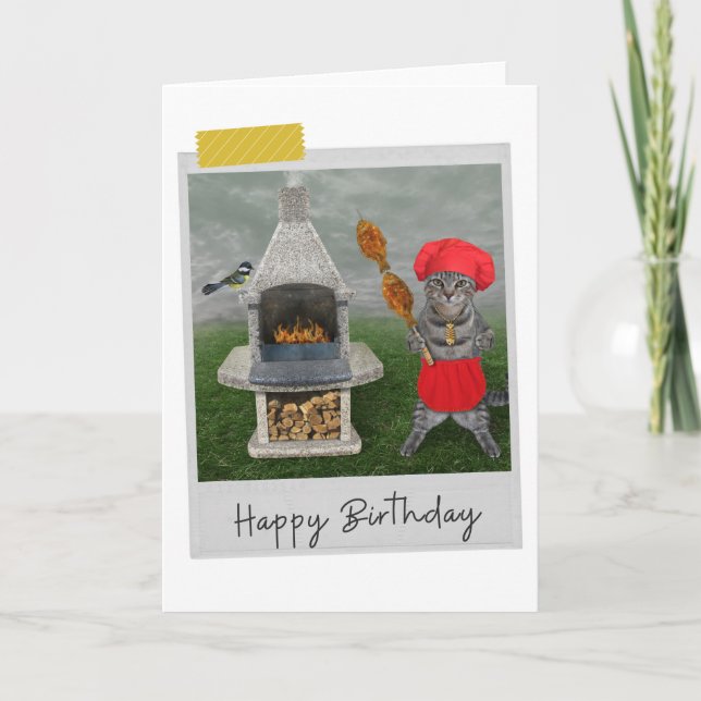 Outdoor Chef Tabby Cat Funny Birthday Card (Front)