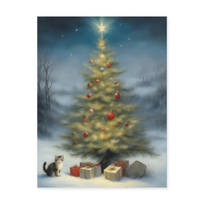 Outdoor Christmas Tree with Kitten and Presents Postcard