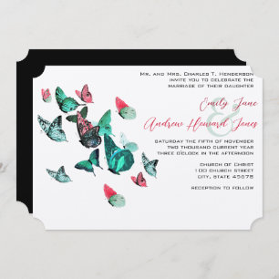 Outdoor Garden Butterfly Pink & Neo Mint Wedding Invitation