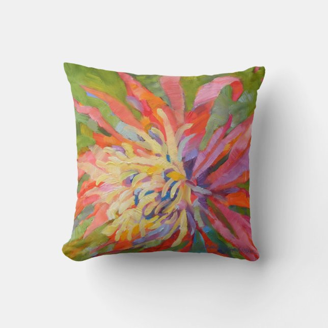 Outdoor Indoor Tropical Flower Orange Green Throw Pillow (Front)
