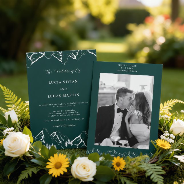 Outdoor Mountains Pine Tree Emerald Green Wedding Invitation (Creator Uploaded)