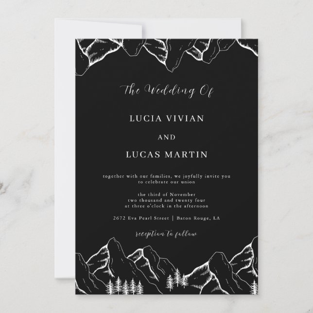 Outdoor Mountains Pine Tree Midnight Black Wedding Invitation (Front)