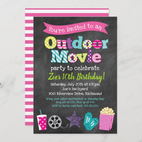 Outdoor Movie Birthday Party Girls _ Chalkboard Invitation