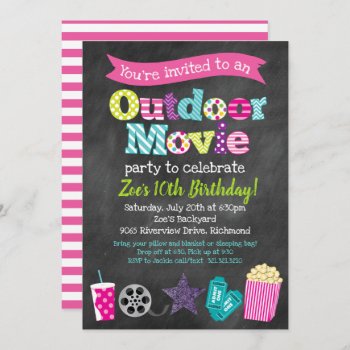 Outdoor Movie Birthday Party (girls) - Chalkboard Invitation by modernmaryella at Zazzle