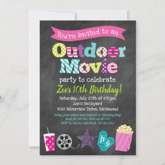 Outdoor Movie Birthday Party (girls) - Chalkboard Invitation 