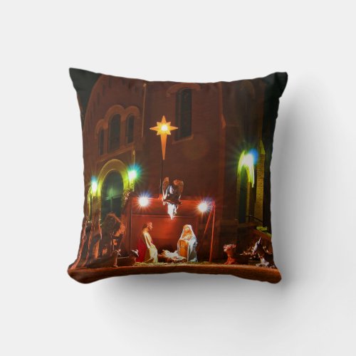 Outdoor nativity scene throw pillow