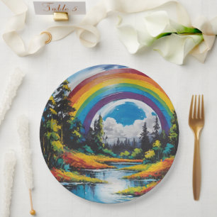Outdoor Nature Forest River And Rainbow Paper Plates