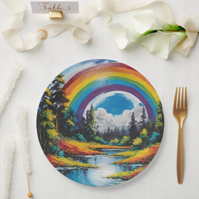 Outdoor Nature Forest River And Rainbow Paper Plates (Wedding)
