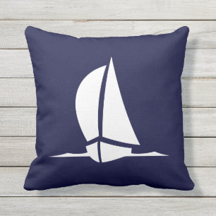 Outdoor or chose indoor white sailboat navy blue throw pillow