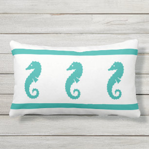 Outdoor peacock blue and white SEAHORSE Lumbar Pillow