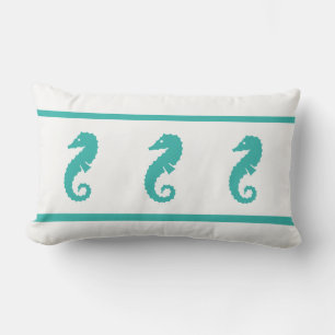 Outdoor peacock blue and white SEAHORSE Lumbar Pillow