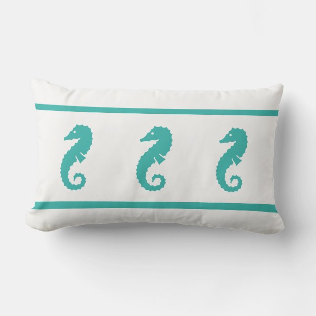 Outdoor peacock blue and white  SEAHORSE Lumbar Pillow (Front)