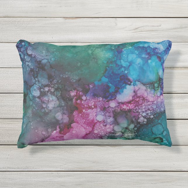 Outdoor Pillow/Colorburst Inkblots/Blue Green Pink Pillow (Front)