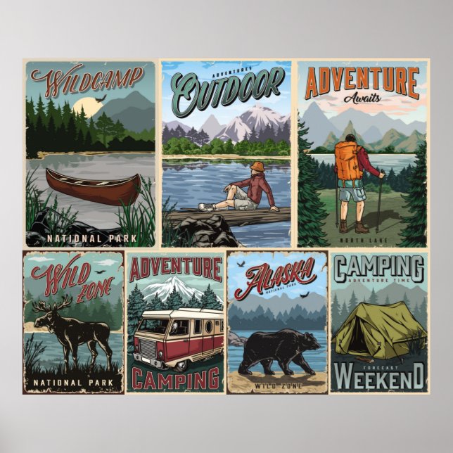 Outdoor recreation vintage posters set with canoe  (Front)