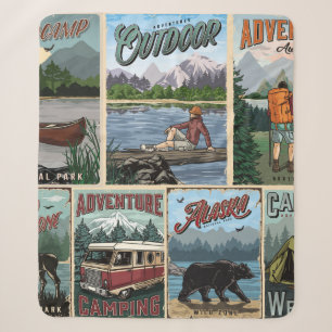 Outdoor recreation vintage posters set with canoe sherpa blanket