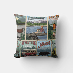 Outdoor recreation vintage posters set with canoe  throw pillow