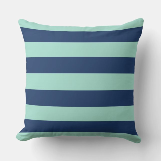 Outdoor Seafoam Green and Navy Stripes Throw Pillow (Front)