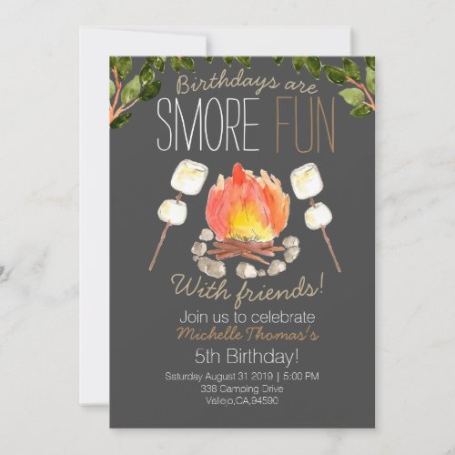 Outdoor smore camping birthday invitation