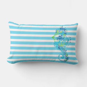 Outdoor Throw Pillow-Stripes & Seahorse Lumbar Pillow