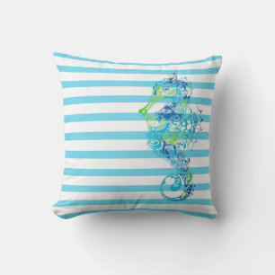 Outdoor Throw Pillow-Stripes & Seahorse Pillow