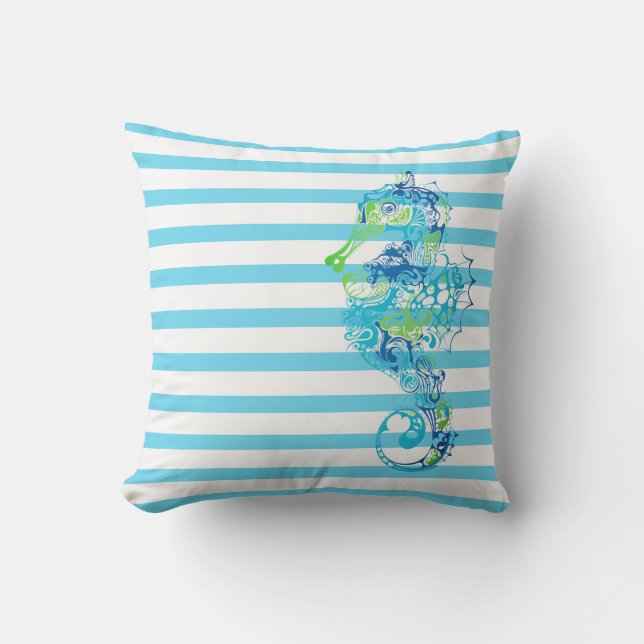 Outdoor Throw Pillow-Stripes & Seahorse Pillow (Front)
