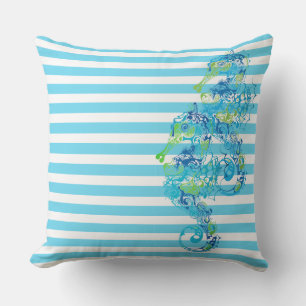 Outdoor Throw Pillow-Stripes & Seahorse Pillow
