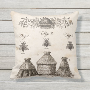 Outdoor vintage botanical bees & hives pillow. throw pillow