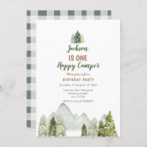 Outdoor Watercolor camper first birthday Invitation