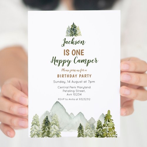 Outdoor Watercolor camper first birthday Invitation