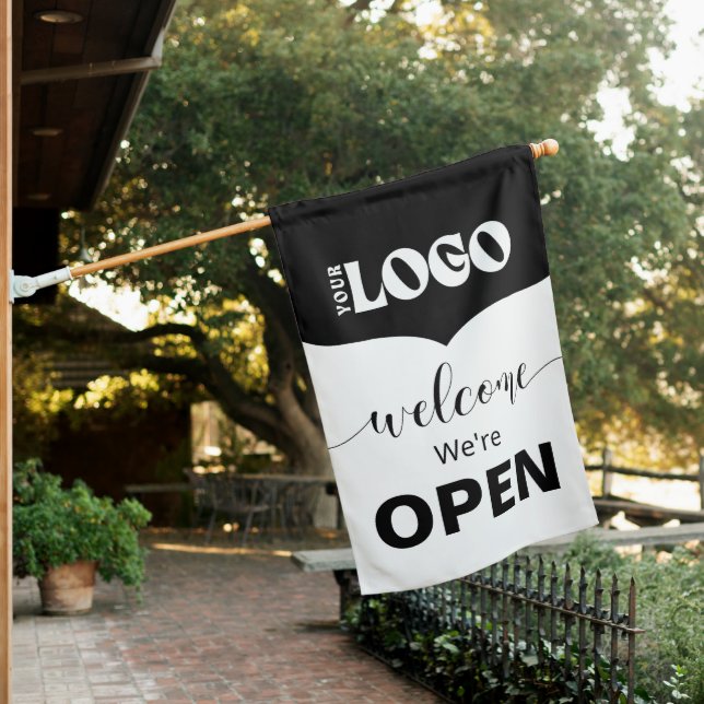 Outdoor We're Open Logo Black White Shop Sign Flag (In SItu)