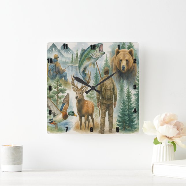 Outdoor Wildlife Hunter And Fisherman  Square Wall Clock (Home)