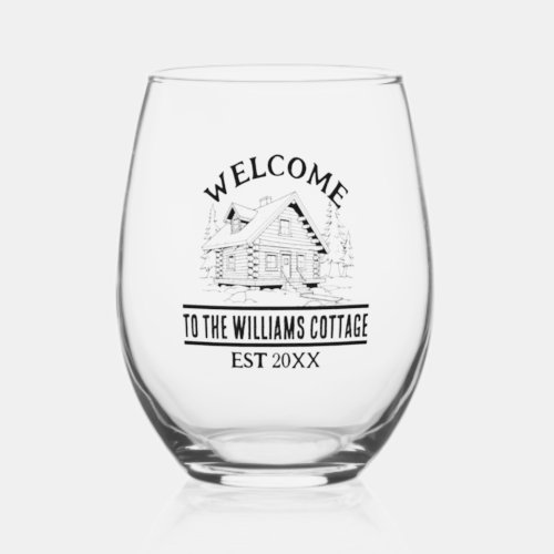 Outdoors Cabin  Personalized Family Cottage Name Stemless Wine Glass