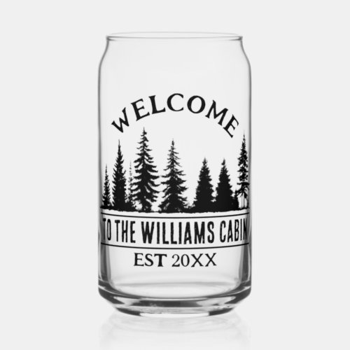 Outdoors Camp Personalized Family Cabin Name Can Glass