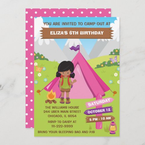 Outdoors Camping Birthday African American Girl In Invitation