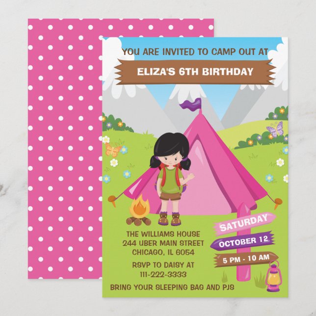 Outdoors Camping Birthday Party Black Hair Girl In Invitation (Front/Back)