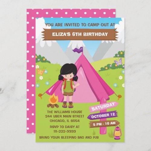 Outdoors Camping Birthday Party Black Hair Girl In Invitation