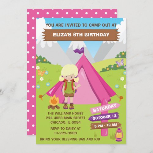 Outdoors Camping Birthday Party Blonde Hair Girl I Invitation