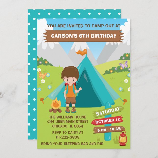 Outdoors Camping Birthday Party Brown Hair Boy Inv Invitation (Front/Back)